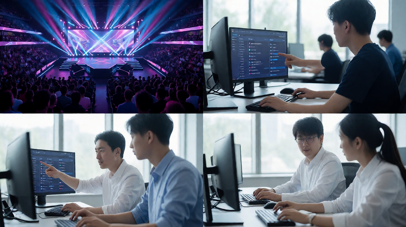 蜂鸟电竞赛事现场，观众席与舞台灯光交相辉映